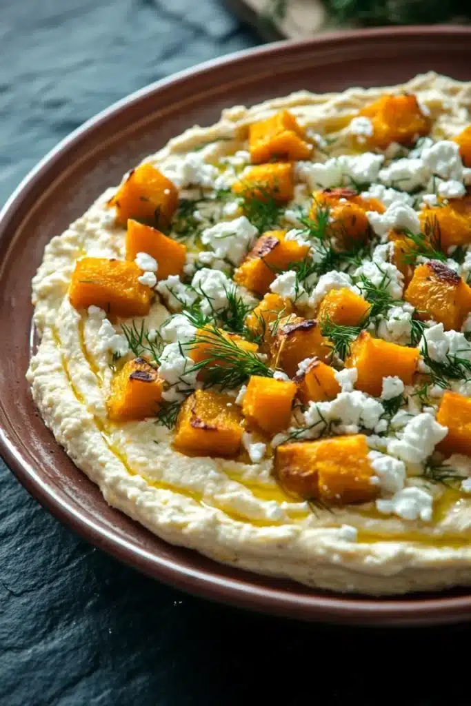 Butternut squash whipped feta dip - the image is a close-up of a flatbread pizza on a brown plate. the pizza is topped with diced butternut squash and crumbled feta cheese. the squash is cut into small cubes and arranged in a circular pattern on top of the cheese. there are also some dilllies scattered on top, adding a pop of green color to the dish. the plate is sitting on a dark blue tablecloth with a few sprigs of greenery in the background.