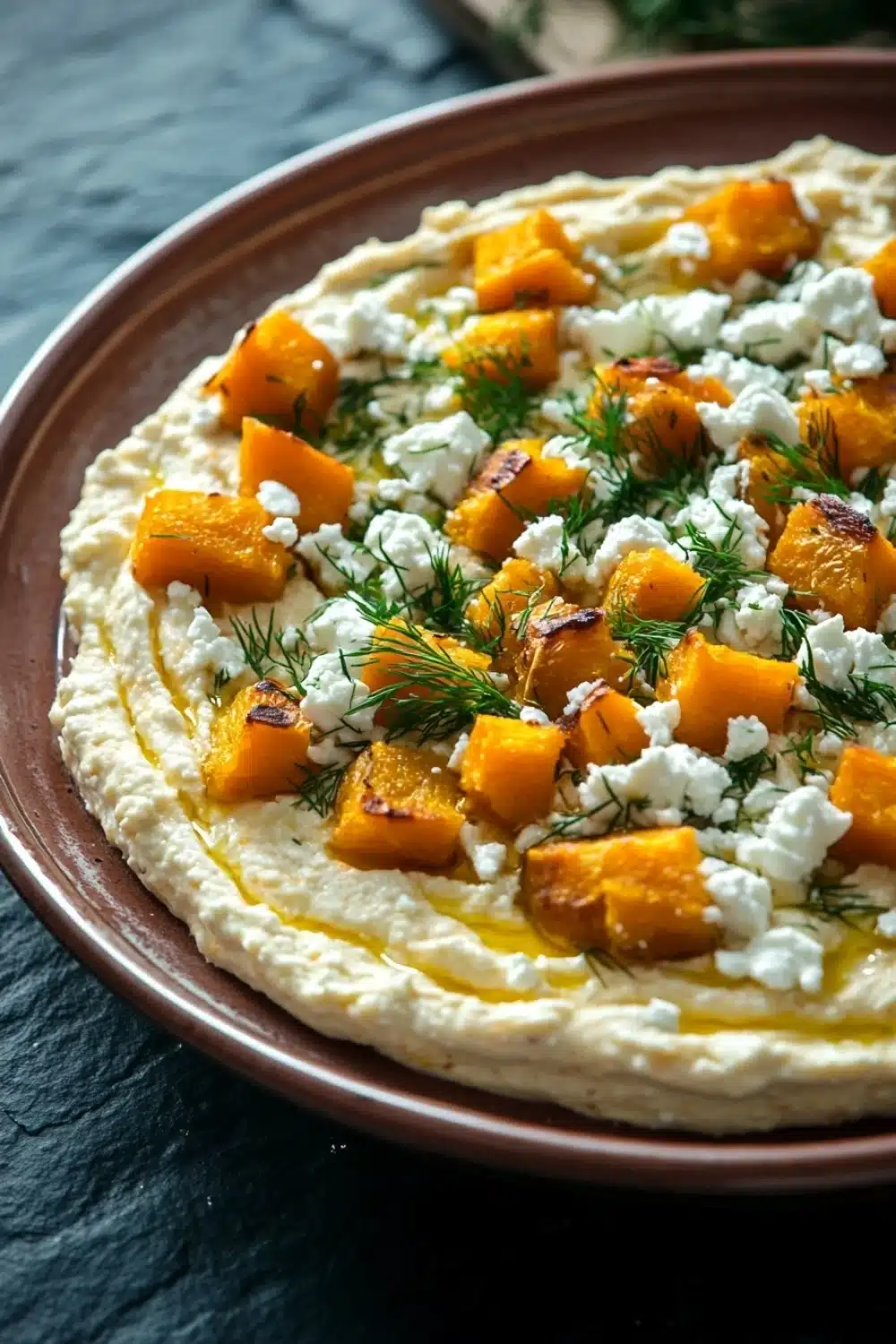 Butternut squash whipped feta dip - the image is a close-up of a flatbread pizza on a brown plate. the pizza is topped with diced butternut squash and crumbled feta cheese. the squash is cut into small cubes and arranged in a circular pattern on top of the cheese. there are also some dilllies scattered on top, adding a pop of green color to the dish. the plate is sitting on a dark blue tablecloth with a few sprigs of greenery in the background.