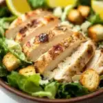 Caesar salad over chicken - the image is a close-up of a salad in a brown bowl. the salad is made up of a bed of green leafy vegetables, possibly lettuce or arugula, and is topped with sliced chicken. the chicken is cooked to a golden brown color and appears to be seasoned with herbs and spices. there are also slices of lemon wedges scattered throughout the salad. the bowl is sitting on a white tablecloth.