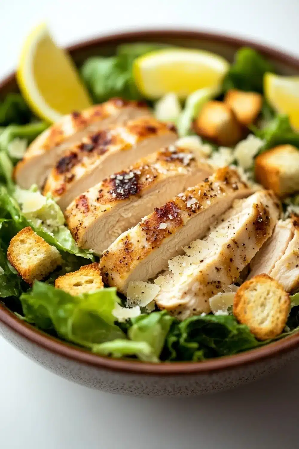 Caesar salad over chicken - the image is a close-up of a salad in a brown bowl. the salad is made up of a bed of green leafy vegetables, possibly lettuce or arugula, and is topped with sliced chicken. the chicken is cooked to a golden brown color and appears to be seasoned with herbs and spices. there are also slices of lemon wedges scattered throughout the salad. the bowl is sitting on a white tablecloth.