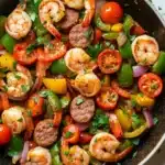 Cajun shrimp and sausage skillet - the image is a close-up of a dish in a black frying pan. the dish appears to be a stir-fry with shrimp, sausage, bell peppers, and cherry tomatoes. the shrimp are pink and appear to be cooked, while the sausage is browned and has a crispy texture. the bell peppers are bright red and yellow, and the tomatoes are sliced into thin strips. the sausage is cut into small cubes and is scattered throughout the dish. there are also some green herbs sprinkled on top, likely parsley or cilantro. the pan is sitting on a white marble countertop.