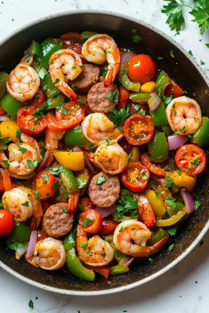 Cajun shrimp and sausage skillet - the image is a close-up of a dish in a black frying pan. the dish appears to be a stir-fry with shrimp, sausage, bell peppers, and cherry tomatoes. the shrimp are pink and appear to be cooked, while the sausage is browned and has a crispy texture. the bell peppers are bright red and yellow, and the tomatoes are sliced into thin strips. the sausage is cut into small cubes and is scattered throughout the dish. there are also some green herbs sprinkled on top, likely parsley or cilantro. the pan is sitting on a white marble countertop.