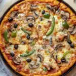 Cast iron pizza deep dish - the image shows a large pizza in a black cast iron skillet on a wooden cutting board. the pizza has a golden brown crust and is topped with melted cheese, sliced mushrooms, green bell peppers, and black olives. the toppings are arranged in a circular pattern on top of the pizza. the skillet is sitting on a white wooden table with a gray and white striped napkin next to it. there is also a glass of milk in the background.