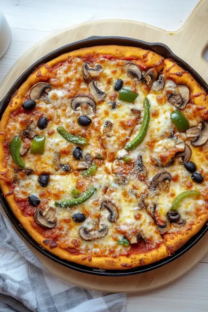 Cast iron pizza deep dish - the image shows a large pizza in a black cast iron skillet on a wooden cutting board. the pizza has a golden brown crust and is topped with melted cheese, sliced mushrooms, green bell peppers, and black olives. the toppings are arranged in a circular pattern on top of the pizza. the skillet is sitting on a white wooden table with a gray and white striped napkin next to it. there is also a glass of milk in the background.