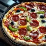 Cast iron pizza on the grill - the image is of a pepperoni pizza in a black cast iron skillet on a wooden cutting board. the pizza is topped with sliced pepperoni, green bell peppers, and black olives. the crust of the pizza is golden brown and appears to be freshly baked. the background is dark, making the pizza stand out.