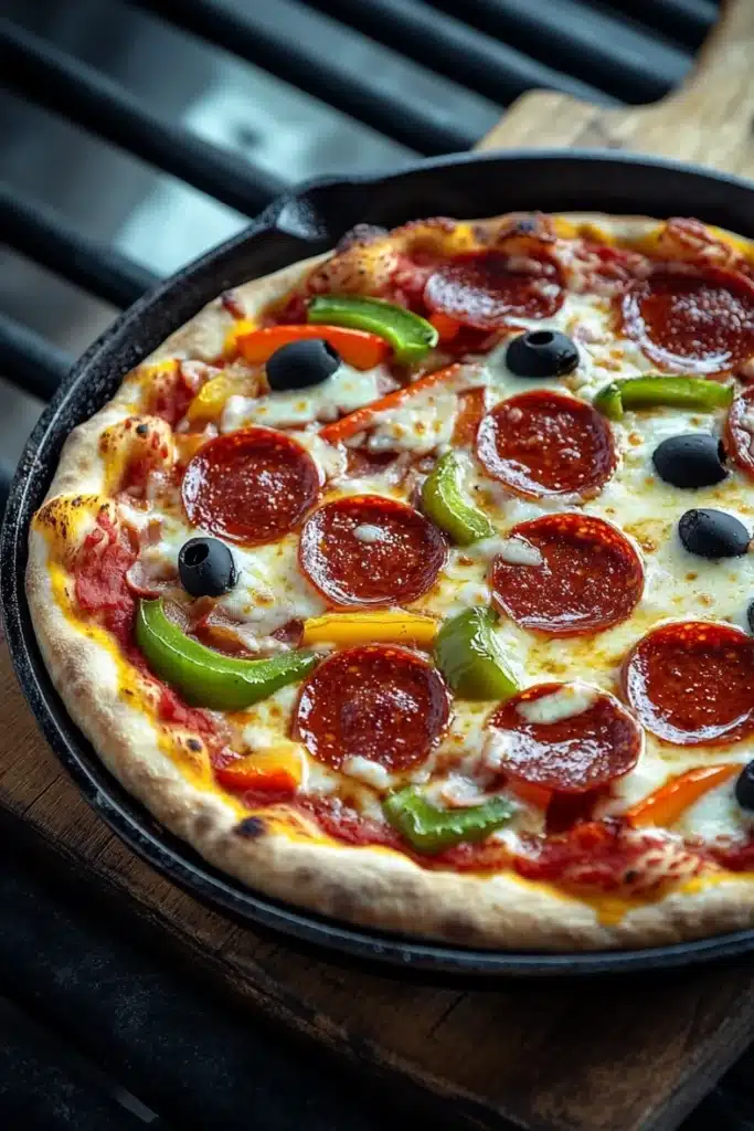 Cast iron pizza on the grill - the image is of a pepperoni pizza in a black cast iron skillet on a wooden cutting board. the pizza is topped with sliced pepperoni, green bell peppers, and black olives. the crust of the pizza is golden brown and appears to be freshly baked. the background is dark, making the pizza stand out.