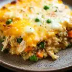 Cheesy chicken and quinoa casserole - the image shows a slice of quinoa casserole on a brown plate. the dish appears to be made with chicken, peas, carrots, and other vegetables, and is topped with melted cheese. the quinoa is golden brown and looks fluffy and quinoa-like. the plate is sitting on a dark blue tablecloth.