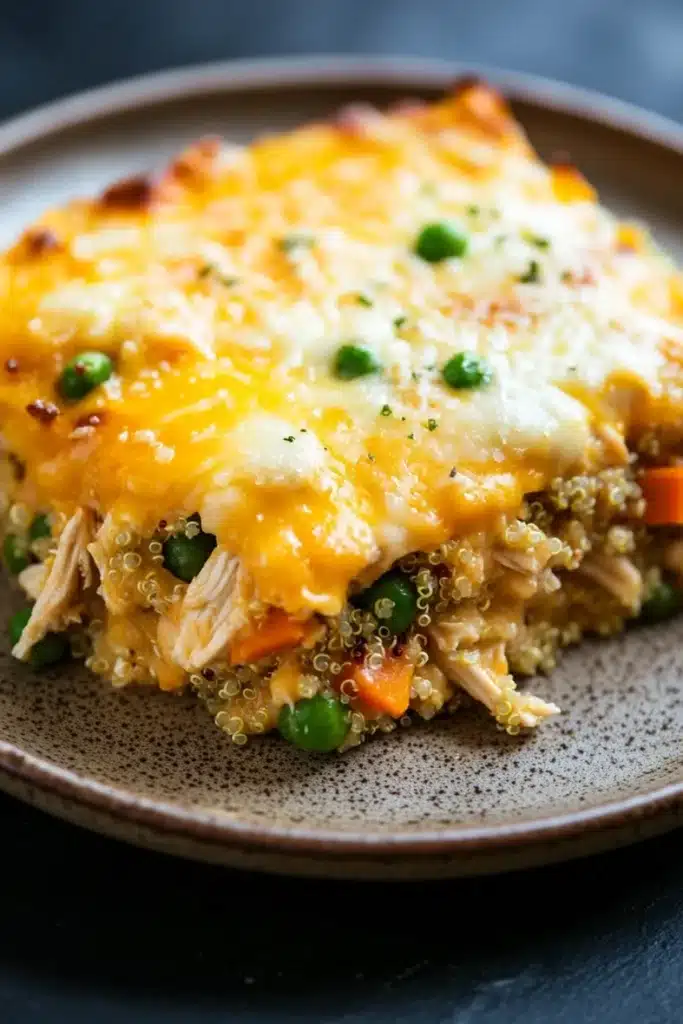 Cheesy chicken and quinoa casserole - the image shows a slice of quinoa casserole on a brown plate. the dish appears to be made with chicken, peas, carrots, and other vegetables, and is topped with melted cheese. the quinoa is golden brown and looks fluffy and quinoa-like. the plate is sitting on a dark blue tablecloth.