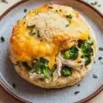 Cheesy chicken broccoli casserole buns in my oven - the image shows a close-up of a plate with a dish on it. the dish appears to be a chicken pot pie, with a golden brown crust on top. the top of the pot pie is covered in melted cheese, which is drizzled over the top. on top of it, there are chunks of chicken and broccoli. the plate is garnished with chopped parsley. the background is a light beige color, and there are a few more pieces of broccoli scattered around the plate.