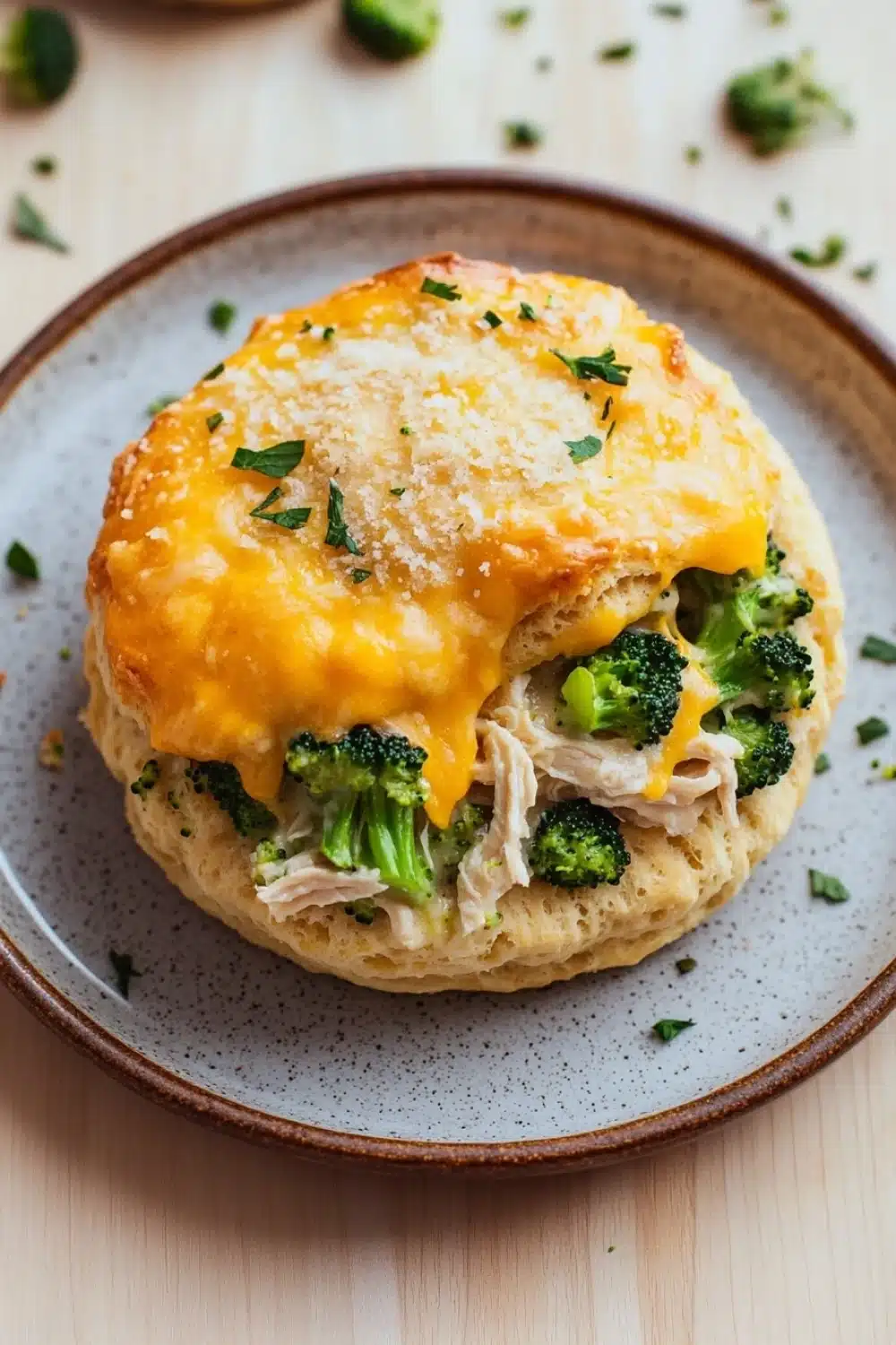 Cheesy chicken broccoli casserole buns in my oven - the image shows a close-up of a plate with a dish on it. the dish appears to be a chicken pot pie, with a golden brown crust on top. the top of the pot pie is covered in melted cheese, which is drizzled over the top. on top of it, there are chunks of chicken and broccoli. the plate is garnished with chopped parsley. the background is a light beige color, and there are a few more pieces of broccoli scattered around the plate.