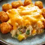 Cheesy chicken tater tot casserole oven - the image shows a plate of food with a serving of chicken enchilada casserole. the dish is made with a layer of melted cheese on top, which is a bright yellow color. the cheese is spread evenly over the top of the chicken, and it appears to be melted and bubbly. on the side of the plate, there are several small, golden-brown tater tots, which are arranged in a circular pattern. the plate is sitting on a dark blue tablecloth.