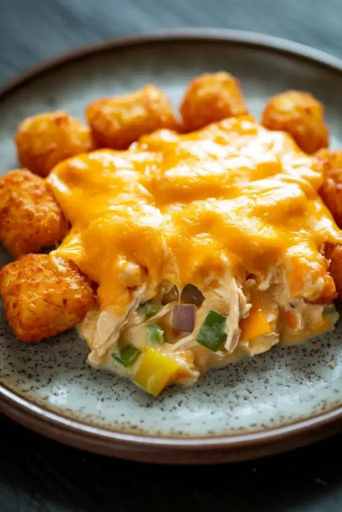 Cheesy chicken tater tot casserole oven - the image shows a plate of food with a serving of chicken enchilada casserole. the dish is made with a layer of melted cheese on top, which is a bright yellow color. the cheese is spread evenly over the top of the chicken, and it appears to be melted and bubbly. on the side of the plate, there are several small, golden-brown tater tots, which are arranged in a circular pattern. the plate is sitting on a dark blue tablecloth.