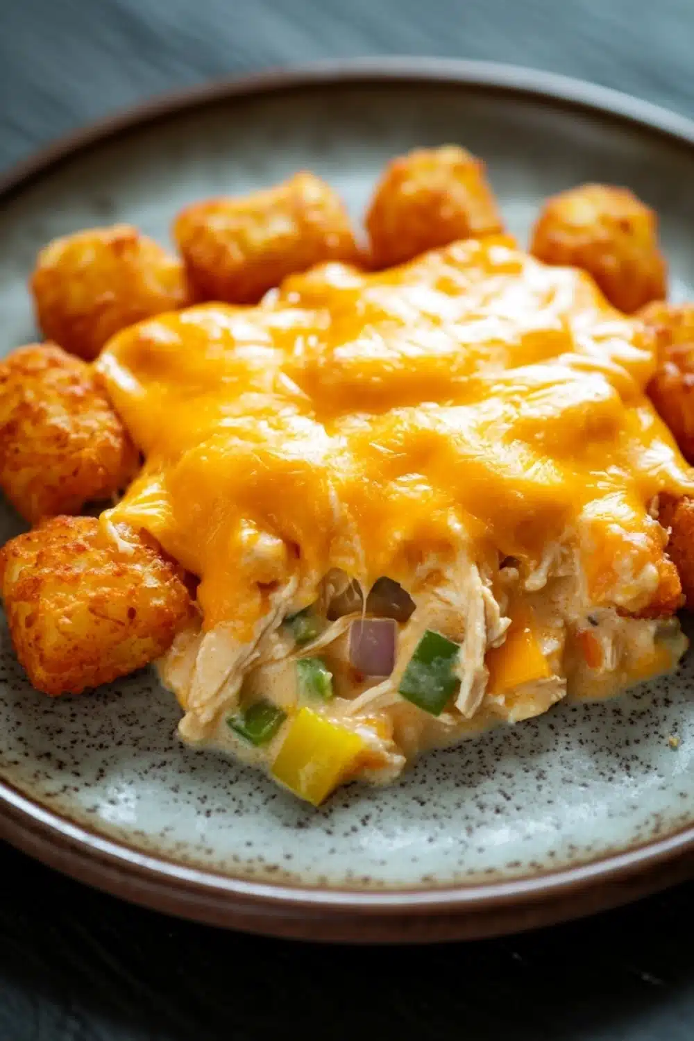 Cheesy chicken tater tot casserole oven - the image shows a plate of food with a serving of chicken enchilada casserole. the dish is made with a layer of melted cheese on top, which is a bright yellow color. the cheese is spread evenly over the top of the chicken, and it appears to be melted and bubbly. on the side of the plate, there are several small, golden-brown tater tots, which are arranged in a circular pattern. the plate is sitting on a dark blue tablecloth.