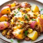 Cheesy ground beef and potatoes skillet - the image is a close-up of a plate of food. the plate is round and has a light brown color. on top of the plate, there is a mixture of ground beef, diced potatoes, and peaches. the ground beef appears to be cooked and is covered in a thick layer of melted cheese. the potatoes are cut into small cubes and are scattered around the plate. there are also some chopped parsley scattered on top. the dish looks appetizing and ready to eat.