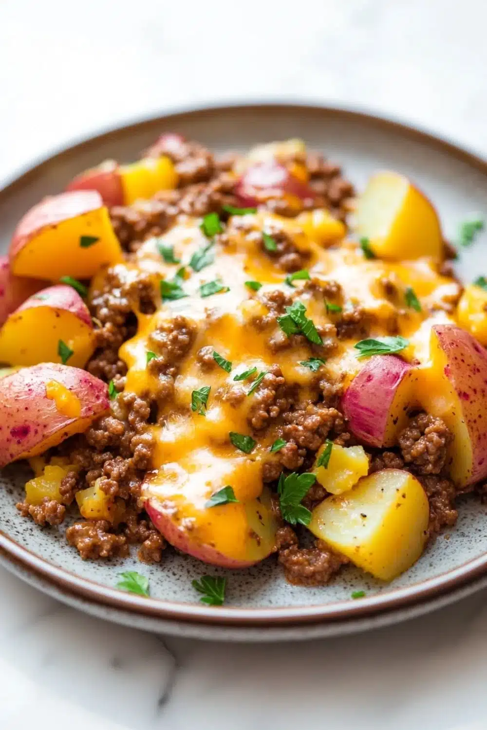 Cheesy ground beef and potatoes skillet - the image is a close-up of a plate of food. the plate is round and has a light brown color. on top of the plate, there is a mixture of ground beef, diced potatoes, and peaches. the ground beef appears to be cooked and is covered in a thick layer of melted cheese. the potatoes are cut into small cubes and are scattered around the plate. there are also some chopped parsley scattered on top. the dish looks appetizing and ready to eat.