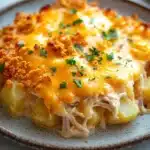 Cheesy potato casserole with chicken - the image shows a plate of food, specifically a casserole dish. the dish appears to be made with chicken, potatoes, and a layer of melted cheese on top. the cheese is golden brown and bubbly, and there are small pieces of breadcrumbs scattered throughout the dish. there are also some chopped herbs sprinkled on top, adding a pop of green color to the dish and giving it a fresh and appetizing appearance. the plate is white with a speckled pattern, and the background is blurred, making the dish the focal point of the image.