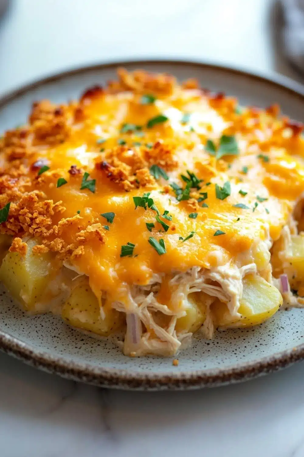Cheesy potato casserole with chicken - the image shows a plate of food, specifically a casserole dish. the dish appears to be made with chicken, potatoes, and a layer of melted cheese on top. the cheese is golden brown and bubbly, and there are small pieces of breadcrumbs scattered throughout the dish. there are also some chopped herbs sprinkled on top, adding a pop of green color to the dish and giving it a fresh and appetizing appearance. the plate is white with a speckled pattern, and the background is blurred, making the dish the focal point of the image.