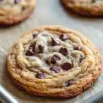 Chewy chocolate chip cookie - the image shows three freshly baked chocolate chip cookies on a baking tray. the cookies are round and golden brown in color, with chocolate chips scattered throughout. they are arranged in a circular pattern on the tray, with the largest cookie in the center and the two smaller ones on either side. the tray is lined with parchment paper, and the cookies appear to be freshly baked. the background is blurred, but it appears to be a wooden table.