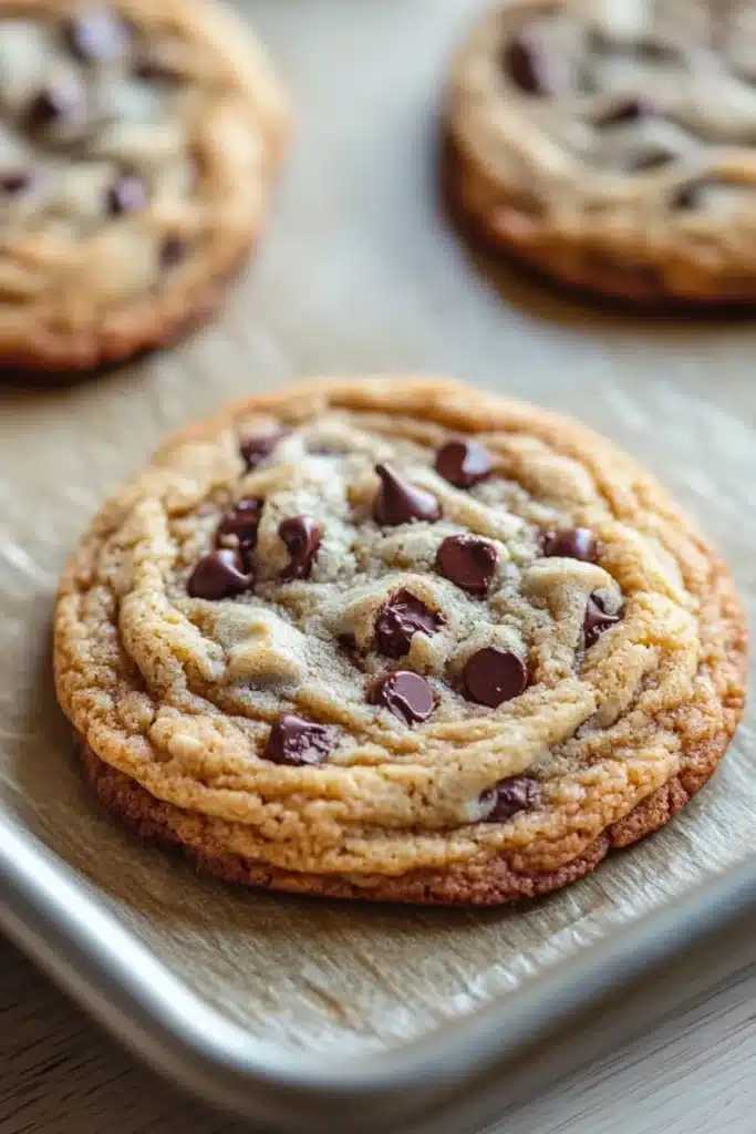 Chewy chocolate chip cookie - the image shows three freshly baked chocolate chip cookies on a baking tray. the cookies are round and golden brown in color, with chocolate chips scattered throughout. they are arranged in a circular pattern on the tray, with the largest cookie in the center and the two smaller ones on either side. the tray is lined with parchment paper, and the cookies appear to be freshly baked. the background is blurred, but it appears to be a wooden table.