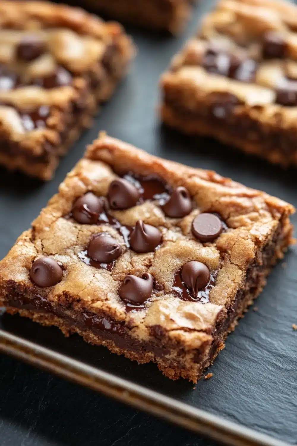 Chewy chocolate chip cookie bars - the image shows four square-shaped chocolate chip cookie bars on a black slate tray. the bars are golden brown in color and have a crumbly texture. they are topped with chocolate chips and drizzled with a dark chocolate sauce. the tray is lined with parchment paper and there are a few more bars visible in the background. the overall aesthetic of the image is rustic and appetizing.