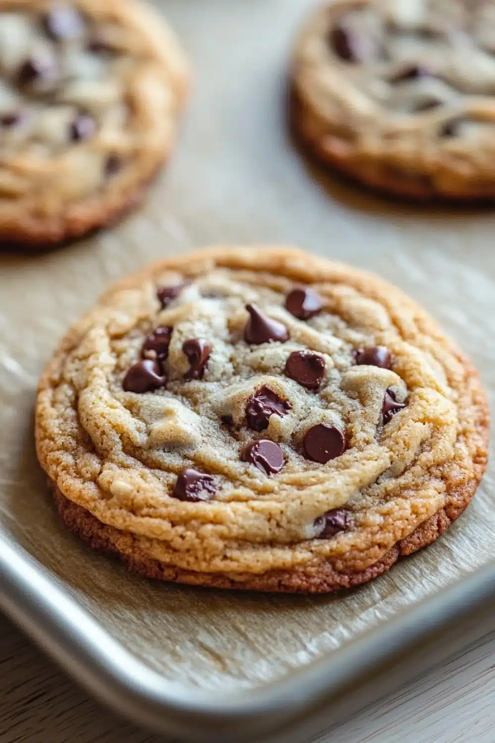 Chewy chocolate chip cookie - the image shows three freshly baked chocolate chip cookies on a baking tray. the cookies are round and golden brown in color, with chocolate chips scattered throughout. they are arranged in a circular pattern on the tray, with the largest cookie in the center and the two smaller ones on either side. the tray is lined with parchment paper, and the cookies appear to be freshly baked. the background is blurred, but it appears to be a wooden table.