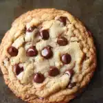 Chewy cookie - the image shows a freshly baked chocolate chip cookie on a baking tray. the cookie is round and golden brown in color, with chocolate chips scattered throughout. it appears to be soft and chewy, with a slightly uneven texture. the tray is lined with parchment paper, and the background is dark, making the cookie the focal point of the image.