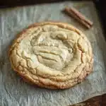 Chewy cookie base - the image shows a freshly baked cookie on a baking tray. the cookie appears to be a round, golden-brown cookie with a crumbly texture. it is resting on a piece of parchment paper lined with parchment paper. there are two cinnamon sticks on the tray, one on the right side of the image and the other on the left side. the tray is sitting on a wooden table with a white cloth napkin in the background.