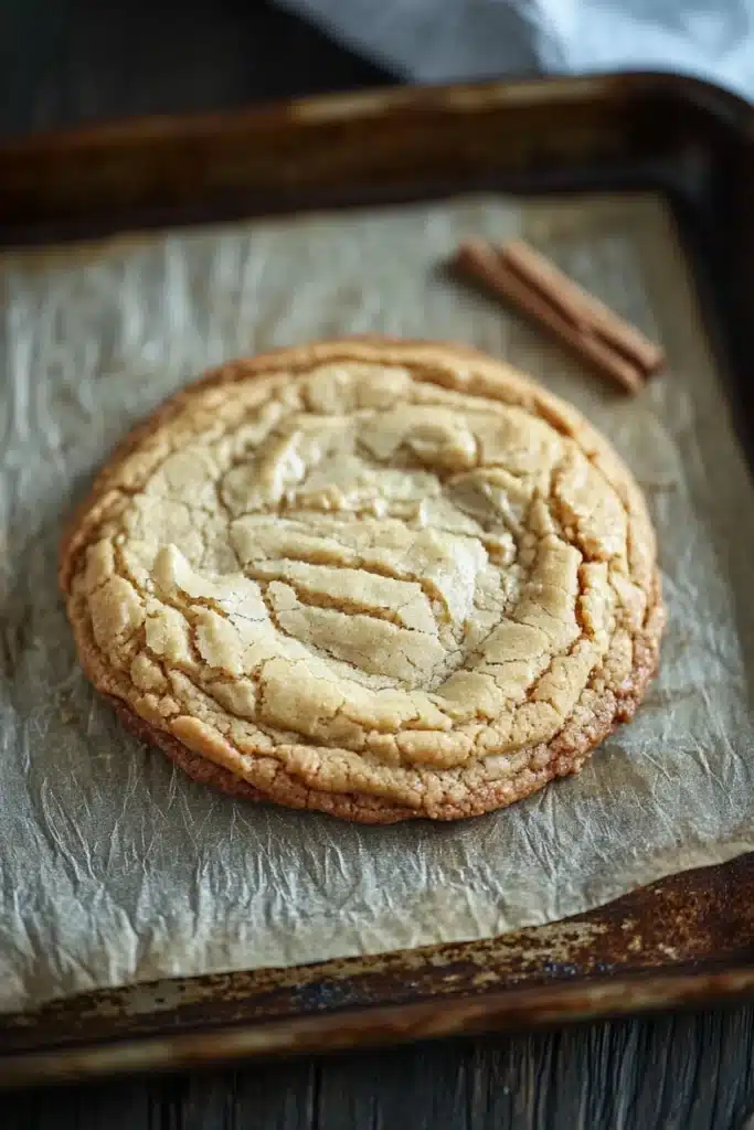 Chewy cookie base - the image shows a freshly baked cookie on a baking tray. the cookie appears to be a round, golden-brown cookie with a crumbly texture. it is resting on a piece of parchment paper lined with parchment paper. there are two cinnamon sticks on the tray, one on the right side of the image and the other on the left side. the tray is sitting on a wooden table with a white cloth napkin in the background.