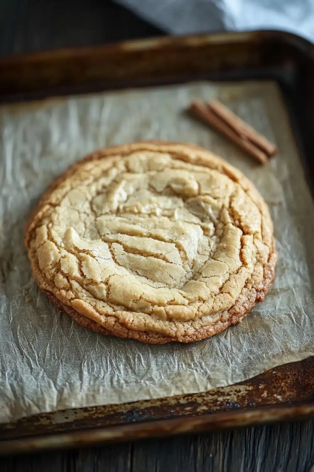 Chewy cookie base - the image shows a freshly baked cookie on a baking tray. the cookie appears to be a round, golden-brown cookie with a crumbly texture. it is resting on a piece of parchment paper lined with parchment paper. there are two cinnamon sticks on the tray, one on the right side of the image and the other on the left side. the tray is sitting on a wooden table with a white cloth napkin in the background.