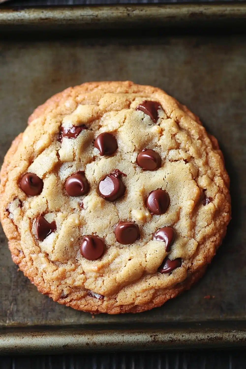 Chewy cookie - the image shows a freshly baked chocolate chip cookie on a baking tray. the cookie is round and golden brown in color, with chocolate chips scattered throughout. it appears to be soft and chewy, with a slightly uneven texture. the tray is lined with parchment paper, and the background is dark, making the cookie the focal point of the image.
