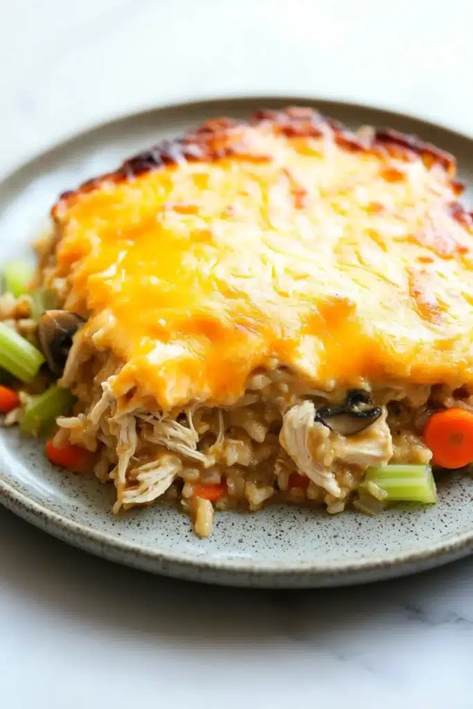 Chicken and brown rice casserole - the image shows a plate of food with a slice of chicken pot pie on it. the pie has a golden brown crust on top and is covered in melted cheese. the chicken is cooked until it is golden brown and appears to be seasoned with herbs and spices. the dish is garnished with sliced carrots, celery, and mushrooms. the plate is white with a speckled pattern and is sitting on a white marble countertop.