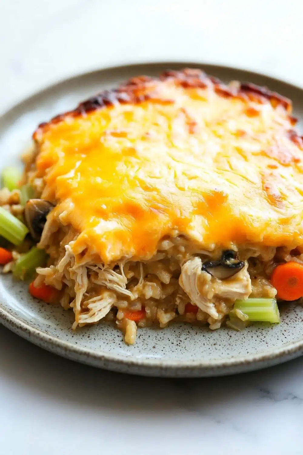 Chicken and brown rice casserole - the image shows a plate of food with a slice of chicken pot pie on it. the pie has a golden brown crust on top and is covered in melted cheese. the chicken is cooked until it is golden brown and appears to be seasoned with herbs and spices. the dish is garnished with sliced carrots, celery, and mushrooms. the plate is white with a speckled pattern and is sitting on a white marble countertop.