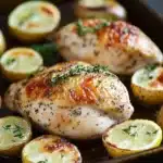 Chicken breast and potatoes - the image shows a baking tray with two pieces of grilled chicken breast on it. the chicken breast is golden brown and appears to be seasoned with herbs and spices. there are also several small potatoes scattered around the tray, some of which are cut into wedges. the tray is lined with parchment paper and is placed on a wooden table. the background is blurred, but it seems to be a kitchen countertop.
