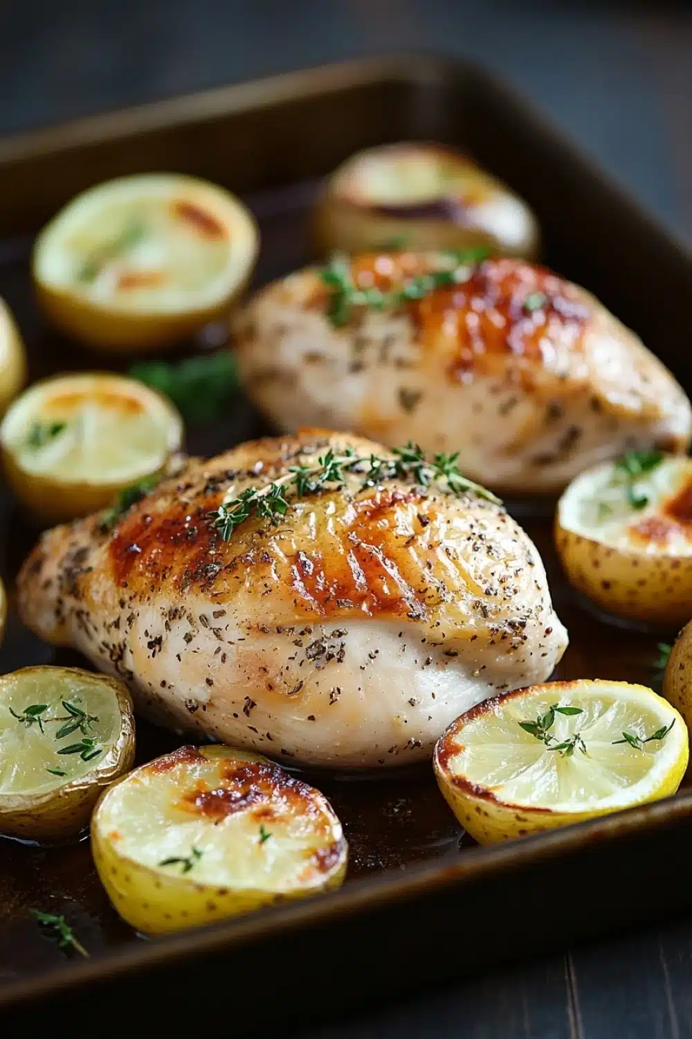 Chicken breast and potatoes - the image shows a baking tray with two pieces of grilled chicken breast on it. the chicken breast is golden brown and appears to be seasoned with herbs and spices. there are also several small potatoes scattered around the tray, some of which are cut into wedges. the tray is lined with parchment paper and is placed on a wooden table. the background is blurred, but it seems to be a kitchen countertop.