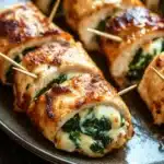 Chicken breast roll ups - the image shows a plate of stuffed chicken breasts on a wooden table. the chicken breasts are golden brown and appear to be stuffed with spinach and cheese. they are arranged in a circular pattern on the plate, with toothpicks inserted into each one. the plate is dark and has a textured surface. the background is blurred, but it appears to be a kitchen countertop.