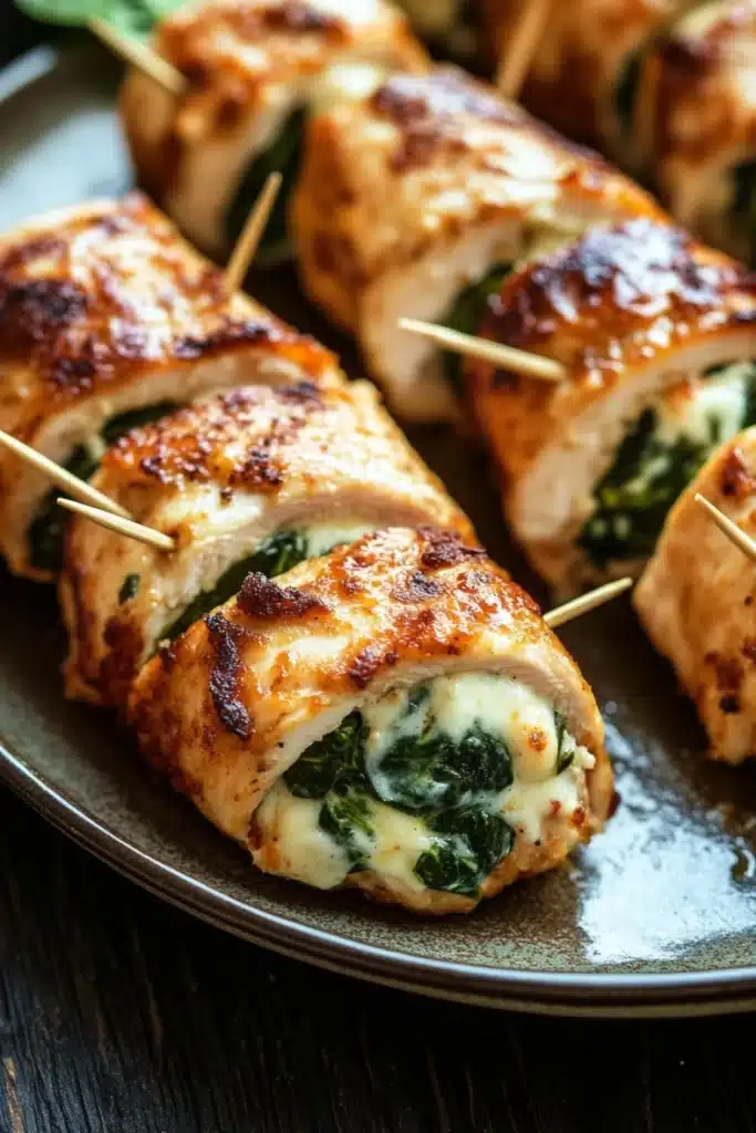 Chicken breast roll ups - the image shows a plate of stuffed chicken breasts on a wooden table. the chicken breasts are golden brown and appear to be stuffed with spinach and cheese. they are arranged in a circular pattern on the plate, with toothpicks inserted into each one. the plate is dark and has a textured surface. the background is blurred, but it appears to be a kitchen countertop.