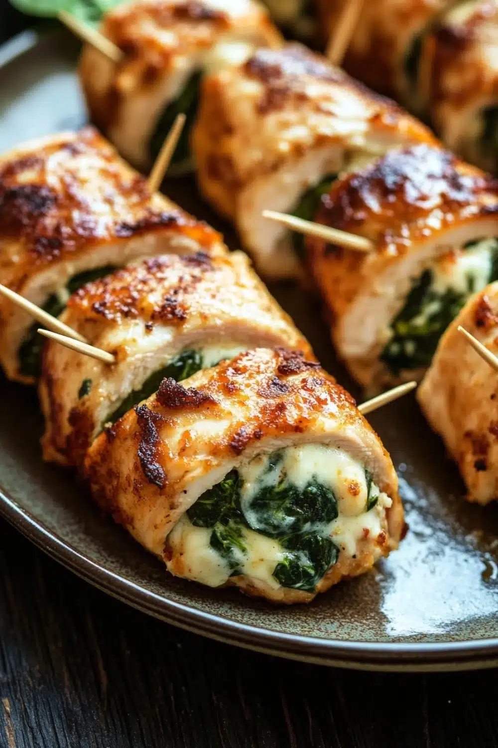 Chicken breast roll ups - the image shows a plate of stuffed chicken breasts on a wooden table. the chicken breasts are golden brown and appear to be stuffed with spinach and cheese. they are arranged in a circular pattern on the plate, with toothpicks inserted into each one. the plate is dark and has a textured surface. the background is blurred, but it appears to be a kitchen countertop.
