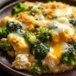 Chicken broccoli casserole slow cooker - the image shows a close-up of a dish on a brown plate. the dish appears to be a casserole or lasagna, with a layer of melted cheese on top. the cheese is golden brown and bubbly, and there are small pieces of broccoli scattered throughout the dish. the broccoli is bright green and looks fresh and healthy. the plate is sitting on a wooden table, and the background is blurred, making the dish the focal point of the image.