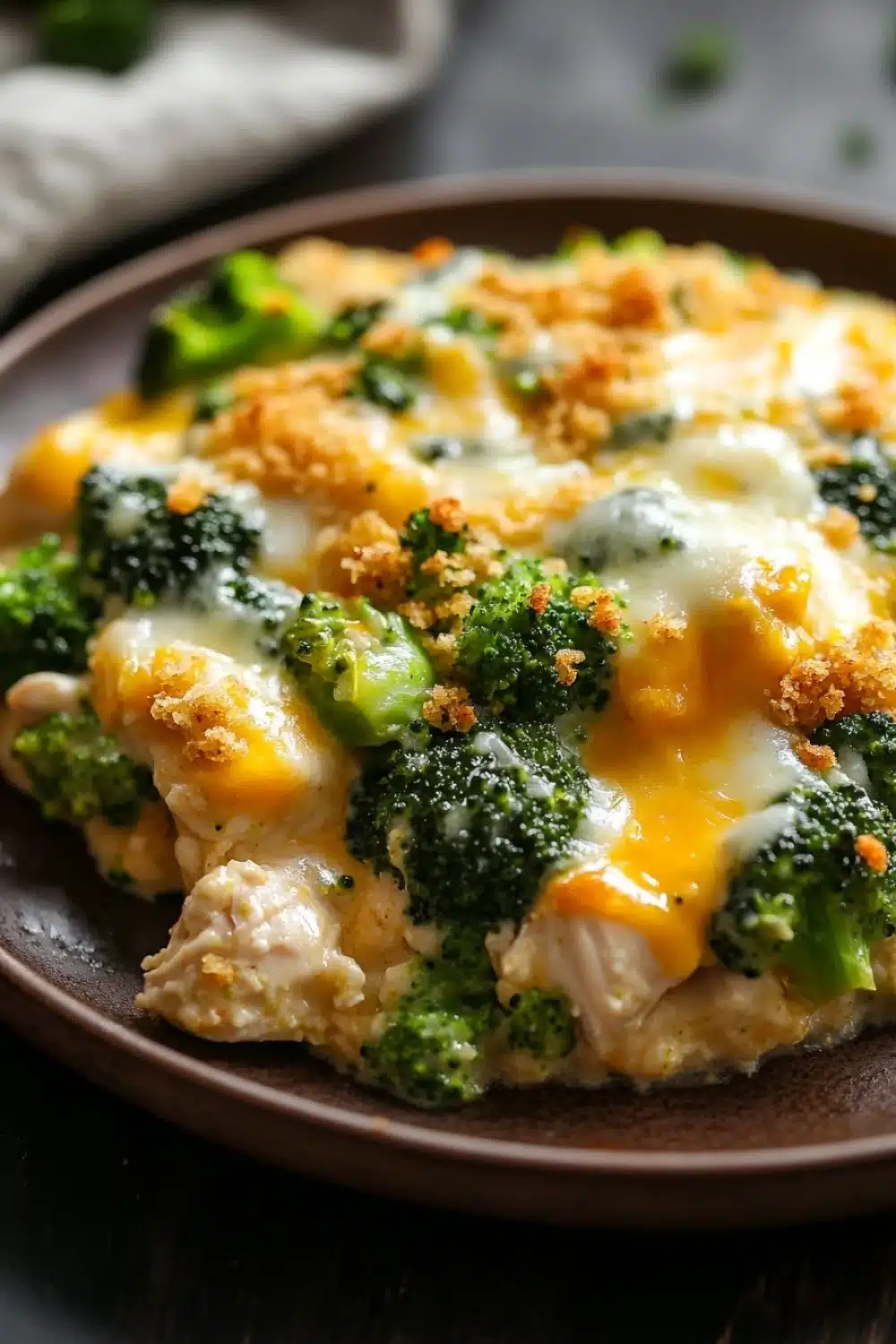 Chicken broccoli casserole slow cooker - the image shows a close-up of a dish on a brown plate. the dish appears to be a casserole or lasagna, with a layer of melted cheese on top. the cheese is golden brown and bubbly, and there are small pieces of broccoli scattered throughout the dish. the broccoli is bright green and looks fresh and healthy. the plate is sitting on a wooden table, and the background is blurred, making the dish the focal point of the image.
