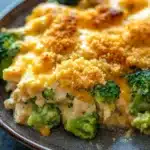 Chicken broccoli casserole with panko - the image shows a close-up of a dish on a plate. the dish appears to be a casserole or lasagna, with a layer of melted cheese on top. the cheese is golden brown and bubbly, and there are small pieces of broccoli scattered throughout the dish. the broccoli is bright green and looks fresh and healthy. the plate is brown and has a textured surface. the background is blurred, but it seems to be an indoor setting with a gray countertop.
