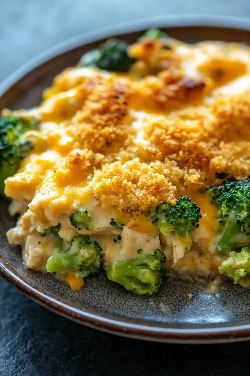 Chicken broccoli casserole with panko - the image shows a close-up of a dish on a plate. the dish appears to be a casserole or lasagna, with a layer of melted cheese on top. the cheese is golden brown and bubbly, and there are small pieces of broccoli scattered throughout the dish. the broccoli is bright green and looks fresh and healthy. the plate is brown and has a textured surface. the background is blurred, but it seems to be an indoor setting with a gray countertop.