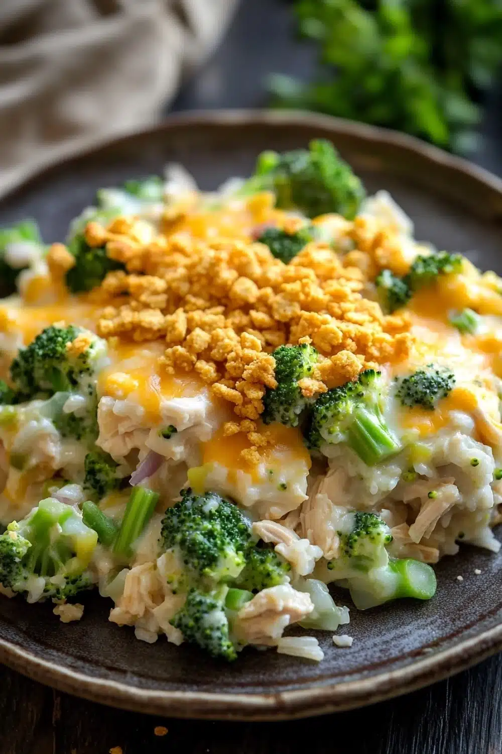 Chicken broccoli rice casserole trisha yearwood - the image shows a plate of food with a serving of rice and broccoli. the rice appears to be cooked and has a golden brown color. the broccoli is bright green and looks fresh. on top of the rice, there is a layer of melted cheese and crumbled breadcrumbs. the dish is garnished with a sprig of parsley. the plate is brown and the background is blurred, but it seems to be a wooden table.