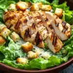 Chicken caesar salad - the image is a close-up of a salad in a brown bowl. the salad is made up of lettuce leaves and croutons, and there are several pieces of grilled chicken arranged in a circular pattern on top. the chicken appears to be seasoned with herbs and spices, and it is drizzled with a light dressing. the bowl is sitting on a dark grey countertop.