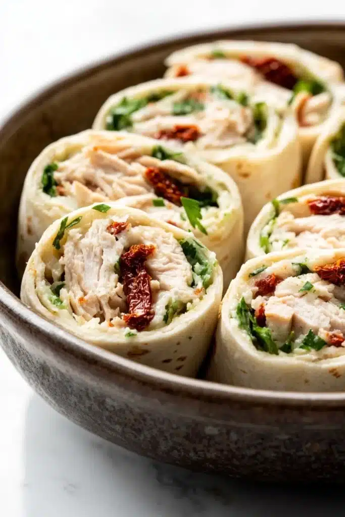 Chicken caesar salad pinwheels - the image shows a bowl filled with rolled up wraps. the wraps are golden brown and appear to be filled with a mixture of chicken, herbs, and sun-dried tomatoes. the chicken is cut into thin strips and is arranged in a circular pattern. the herbs and tomatoes are scattered throughout the wraps, adding a pop of green color to the dish. the bowl is made of ceramic and has a textured surface. the background is blurred, but it appears to be a white countertop.