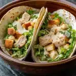 Chicken caesar salad tacos - the image shows two tacos in a brown ceramic bowl. the tacos are filled with a salad of green lettuce, croutons, and shredded chicken. the chicken appears to be seasoned with herbs and spices, and there is a sprinkle of parmesan cheese on top. the bowl is sitting on a dark grey countertop.