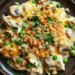 Chicken casserole creamy - the image shows a plate of food on a wooden table. the dish appears to be a casserole or macaroni and cheese dish, with a layer of melted cheese on top. the cheese is golden brown and bubbly, and it is topped with sliced mushrooms and green peas. there are also a sprinkle of chopped parsley on top, adding a pop of green color to the dish. the plate is brown and has a textured surface.