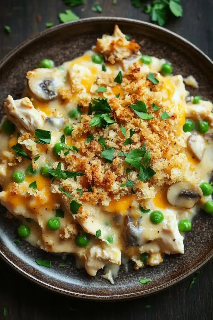 Chicken casserole creamy - the image shows a plate of food on a wooden table. the dish appears to be a casserole or macaroni and cheese dish, with a layer of melted cheese on top. the cheese is golden brown and bubbly, and it is topped with sliced mushrooms and green peas. there are also a sprinkle of chopped parsley on top, adding a pop of green color to the dish. the plate is brown and has a textured surface.