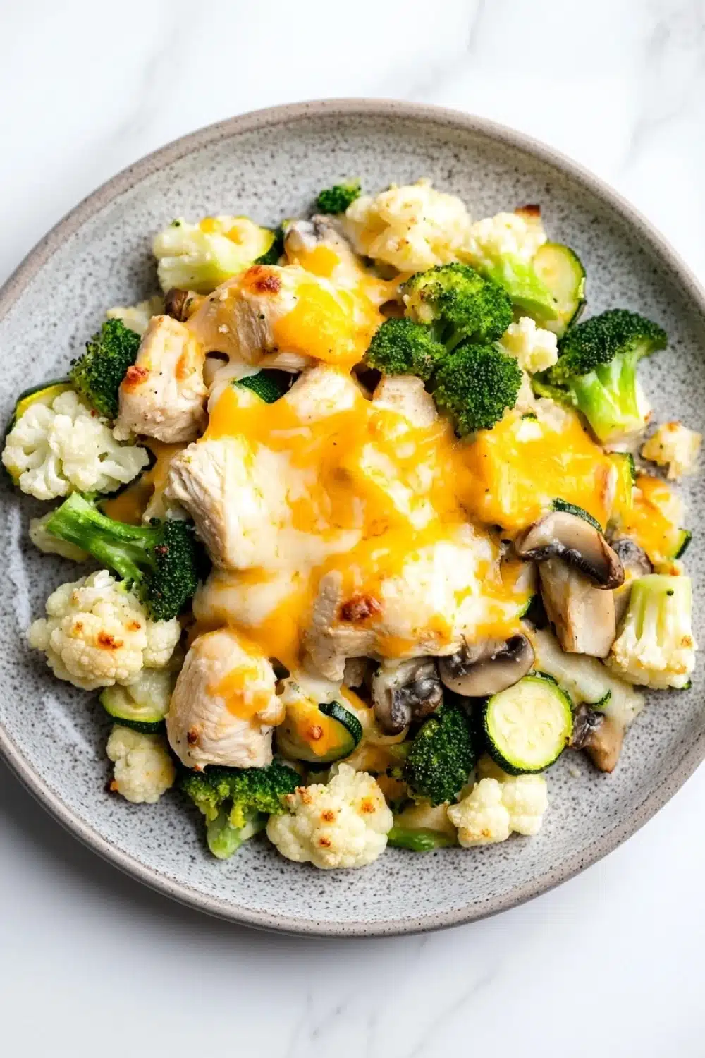 Chicken casserole low carb - the image is a close-up of a plate of food. the plate is gray and has a textured surface. the food appears to be a stir-fry with broccoli, cauliflower, and mushrooms. the broccoli is bright green and the cauliflower is white. the mushrooms are dark brown and are scattered throughout the dish. the cheese is melted and bubbly on top of the vegetables. the dish looks appetizing and ready to eat.