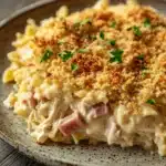 Chicken cordon blue freezer casserole - the image shows a plate of macaroni and cheese casserole on a wooden table. the dish is made with a creamy white sauce, chunks of ham, and a layer of breadcrumbs on top. the cheese is golden brown and appears to be melted and bubbly. there are also a few sprigs of parsley scattered on top, adding a pop of green color to the dish. the plate is round and has a speckled texture. the background is blurred, but it seems to be a rustic kitchen countertop.