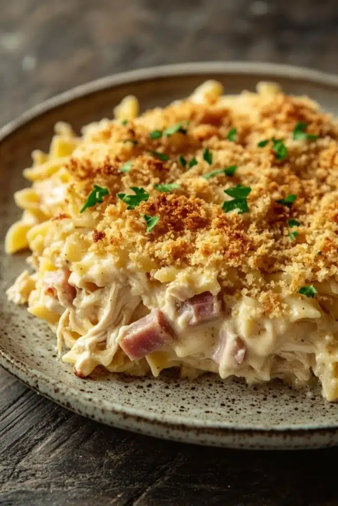 Chicken cordon blue freezer casserole - the image shows a plate of macaroni and cheese casserole on a wooden table. the dish is made with a creamy white sauce, chunks of ham, and a layer of breadcrumbs on top. the cheese is golden brown and appears to be melted and bubbly. there are also a few sprigs of parsley scattered on top, adding a pop of green color to the dish. the plate is round and has a speckled texture. the background is blurred, but it seems to be a rustic kitchen countertop.
